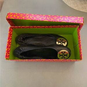 Tory Burch Black Leather Classic Reva Ballet Flat with Gold Metal Hardware
